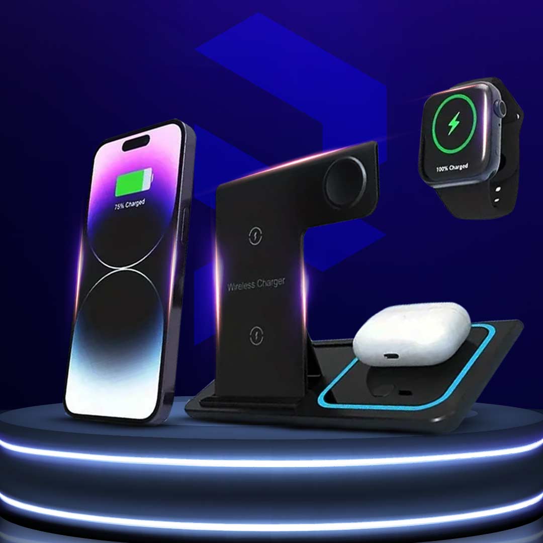 Wireless charging station with smartphone, watch, and earbuds on a blue background
