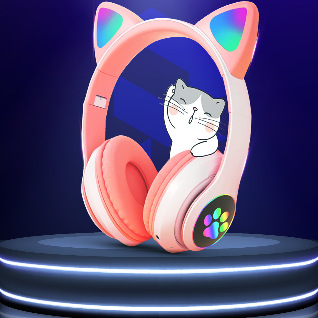 Pink headphones with cat ears and a cartoon cat face on a dark blue background