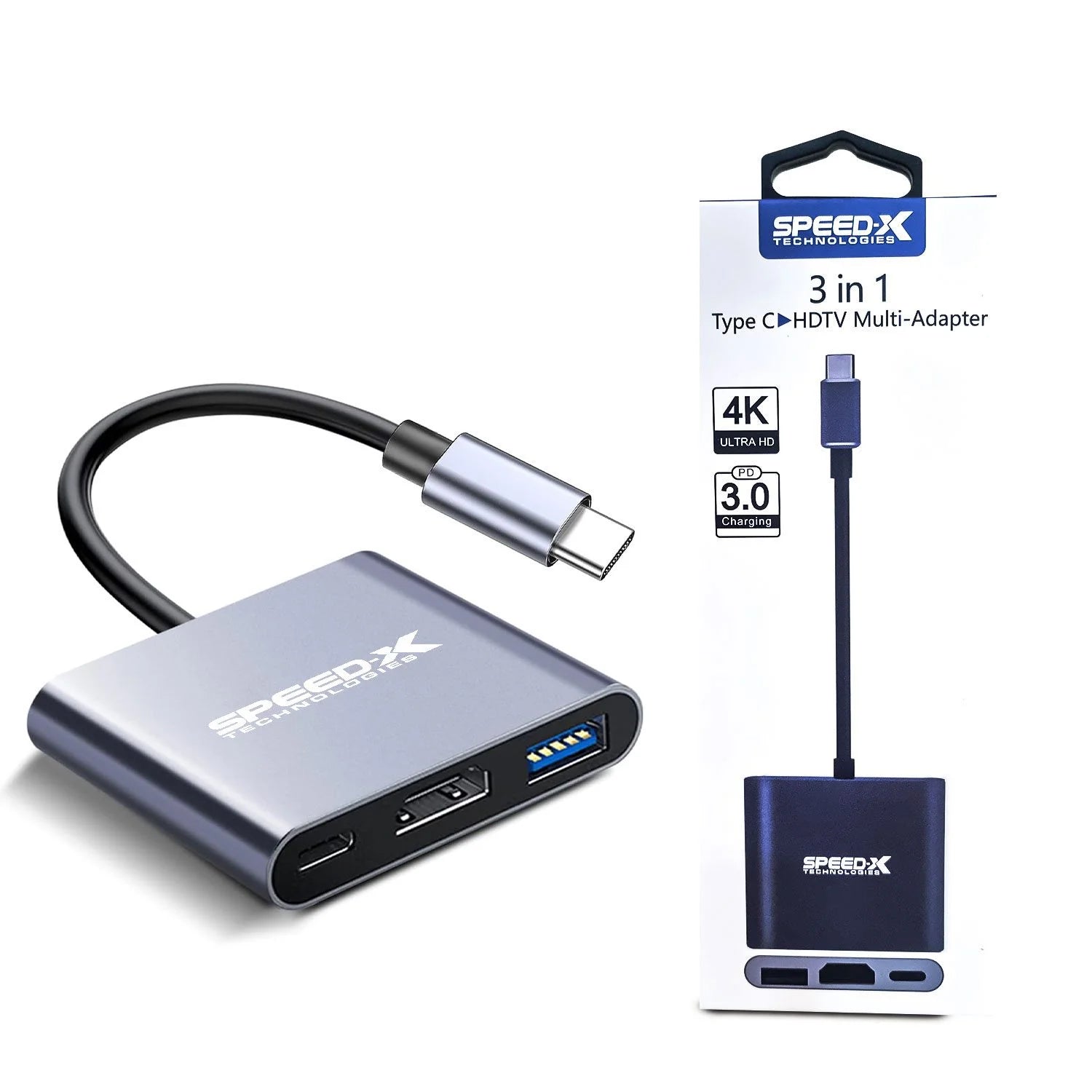  3-in-1 Type-C to HDMI multi-adapter with packaging on a white background