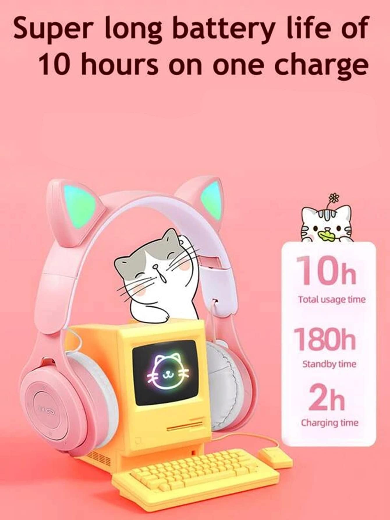 Cat-themed computer setup with headphones and keyboard on a pink background, featuring battery life information.