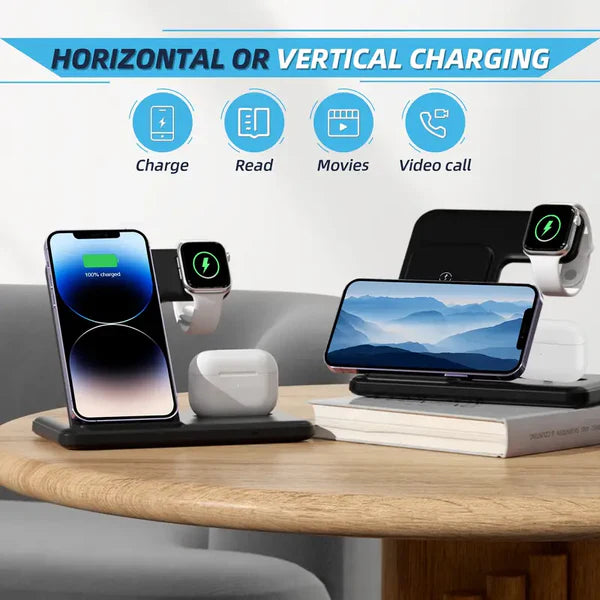 Multi-device charging station with smartphone, smartwatch, and headphones on a wooden table.