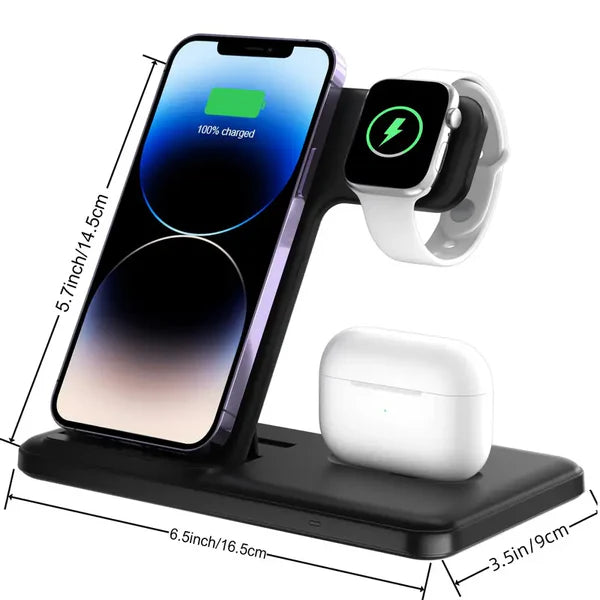 Multi-device wireless charging stand with smartphone, smartwatch, and wireless earbuds, showing dimensions.