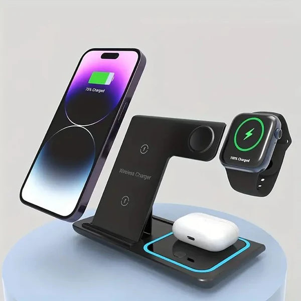 Wireless charging stand with smartphone, smartwatch, and earbuds on a light gray background