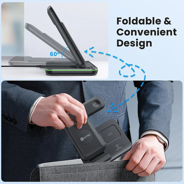 Foldable device being used and folded, with text 'Foldable & Convenient Design'.