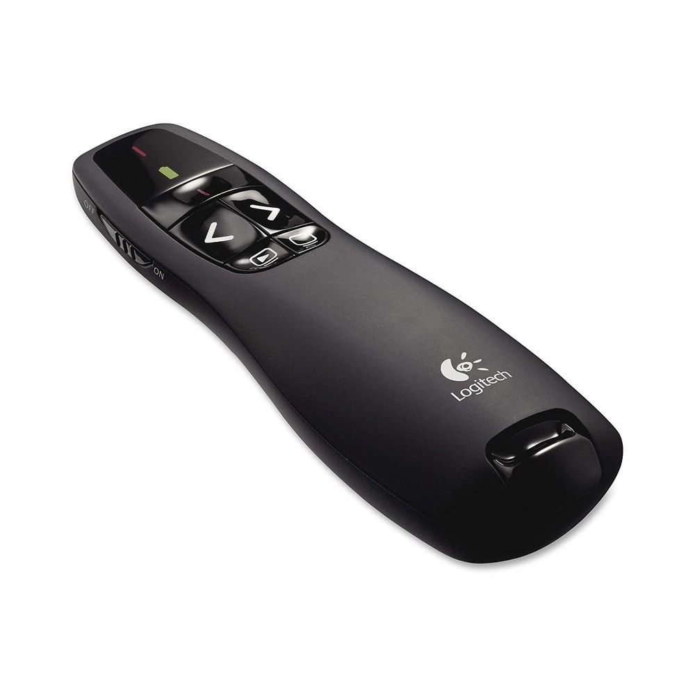 Black Logitech remote control on a white background